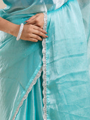 Vervee Couture Blue Silk Blend Saree with Lace Border and Semi Stitched Blouse | EKA