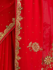 Vervee Couture Red Pure Georgette Saree with Embellished Border | EKA