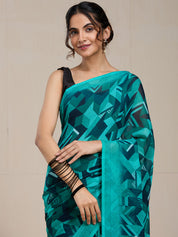 Vervee Couture Teal Printed Poly Georgette Saree | EKA