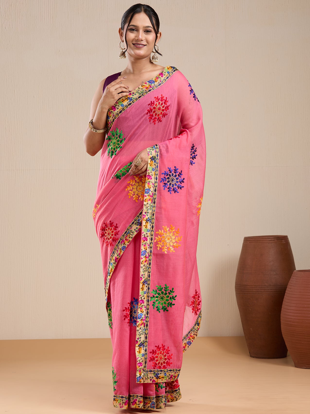 Vervee Couture Pink Floral Silk Blend Saree with Contrast Border and Semi Stitched Blouse | EKA