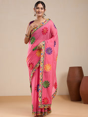 Vervee Couture Pink Floral Silk Blend Saree with Contrast Border and Semi Stitched Blouse | EKA
