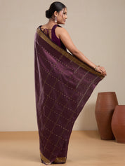 Vervee Couture Wine Purple Silk Blend Saree with Zari Border and Semi Stitched Blouse | EKA