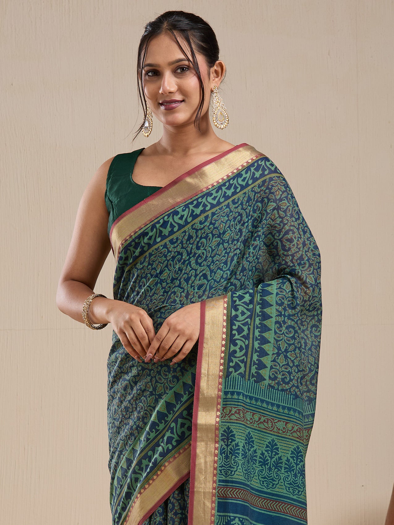 Vervee Couture Green Blue Woven Silk Blend Saree with Zari Border | EKA