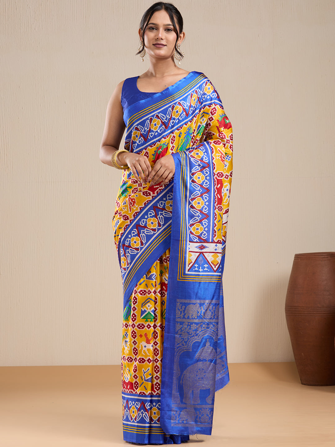 Vervee Couture Yellow Silk Blend Saree with Semi Stitched Blouse | EKA