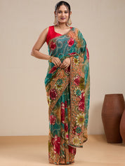 Vervee Couture Teal Red Floral Poly Georgette Saree | EKA