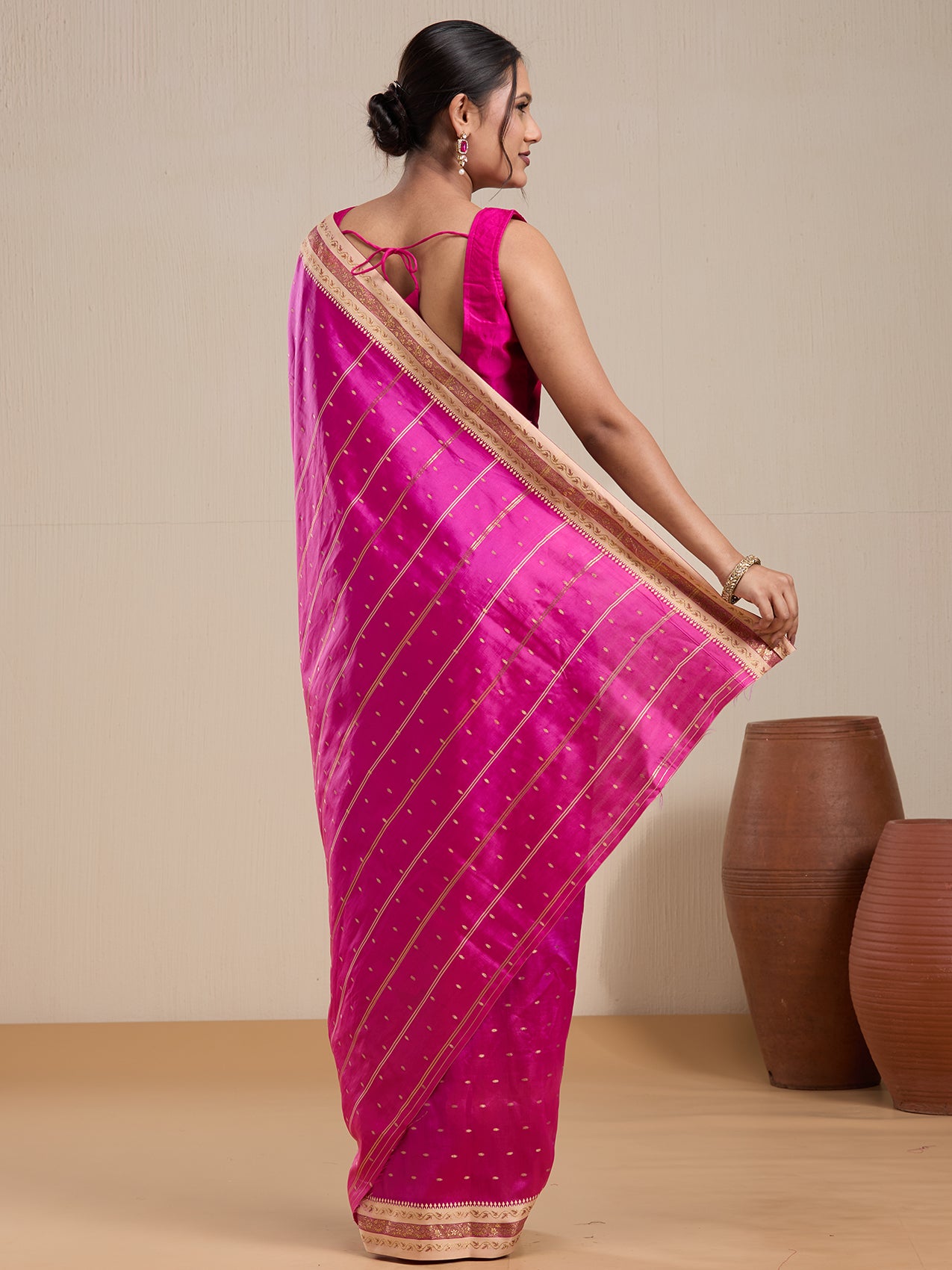 Vervee Couture Pink Silk Blend Saree with Zari Border and Semi Stitched Blouse | EKA