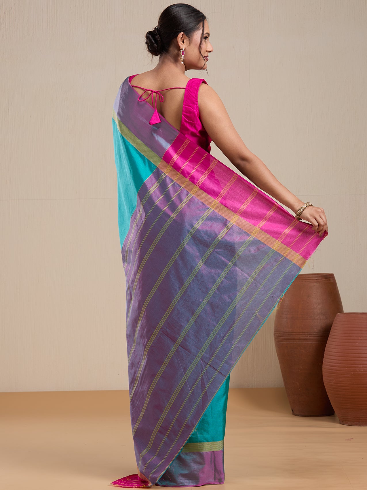 Vervee Couture Blue Colourblock Silk Blend Saree with Semi Stitched Blouse | EKA