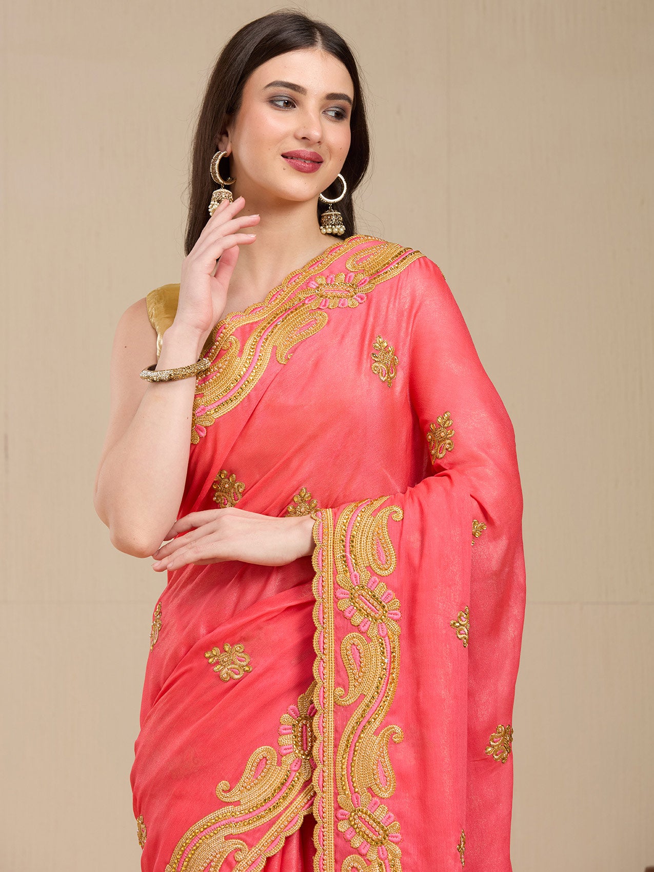 Vervee Couture Peach Poly Georgette Saree with Embellished Border | EKA