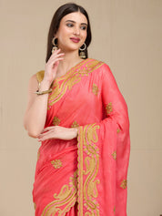 Vervee Couture Peach Poly Georgette Saree with Embellished Border | EKA