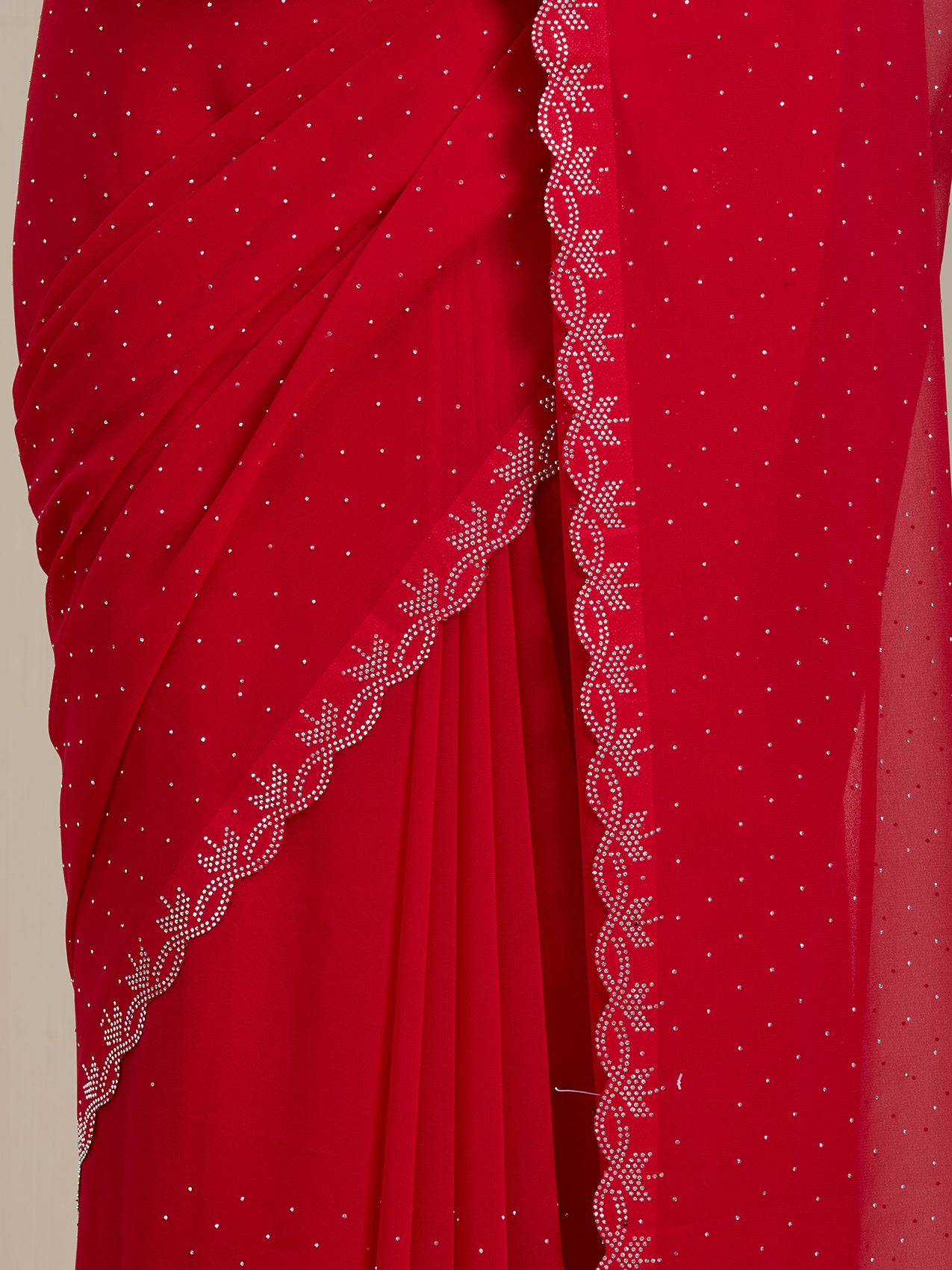 Vervee Couture Red Solid Poly Georgette Saree with Scalloped Border | EKA