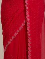 Vervee Couture Red Solid Poly Georgette Saree with Scalloped Border | EKA