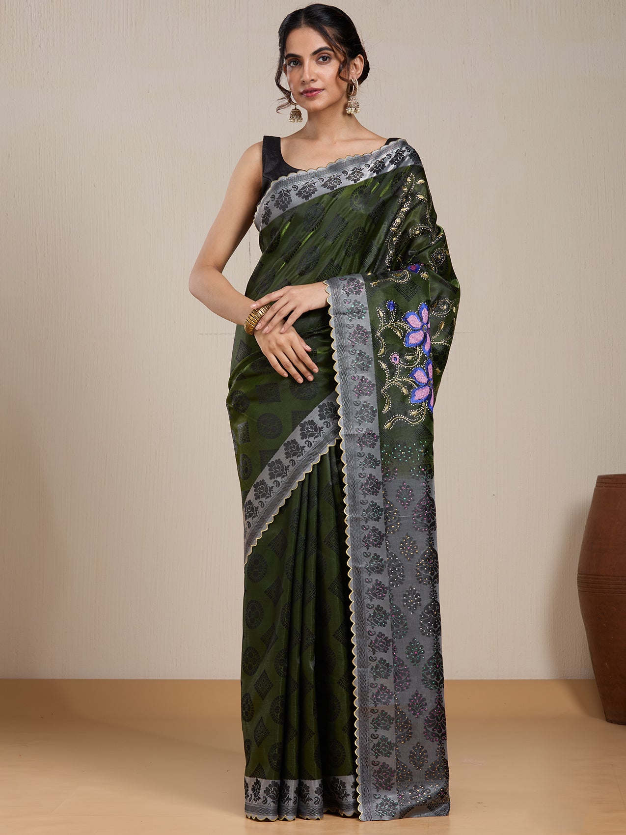 Vervee Couture Olive Green Grey Woven Silk Blend Saree | EKA