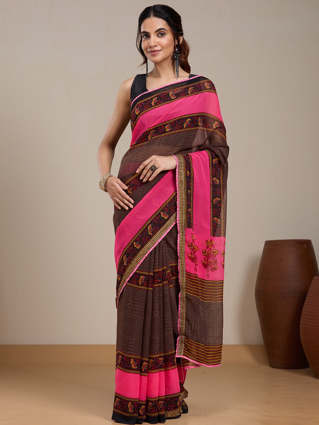 Vervee Couture Brown Pink Printed Poly Georgette Saree with Zari Border | EKA