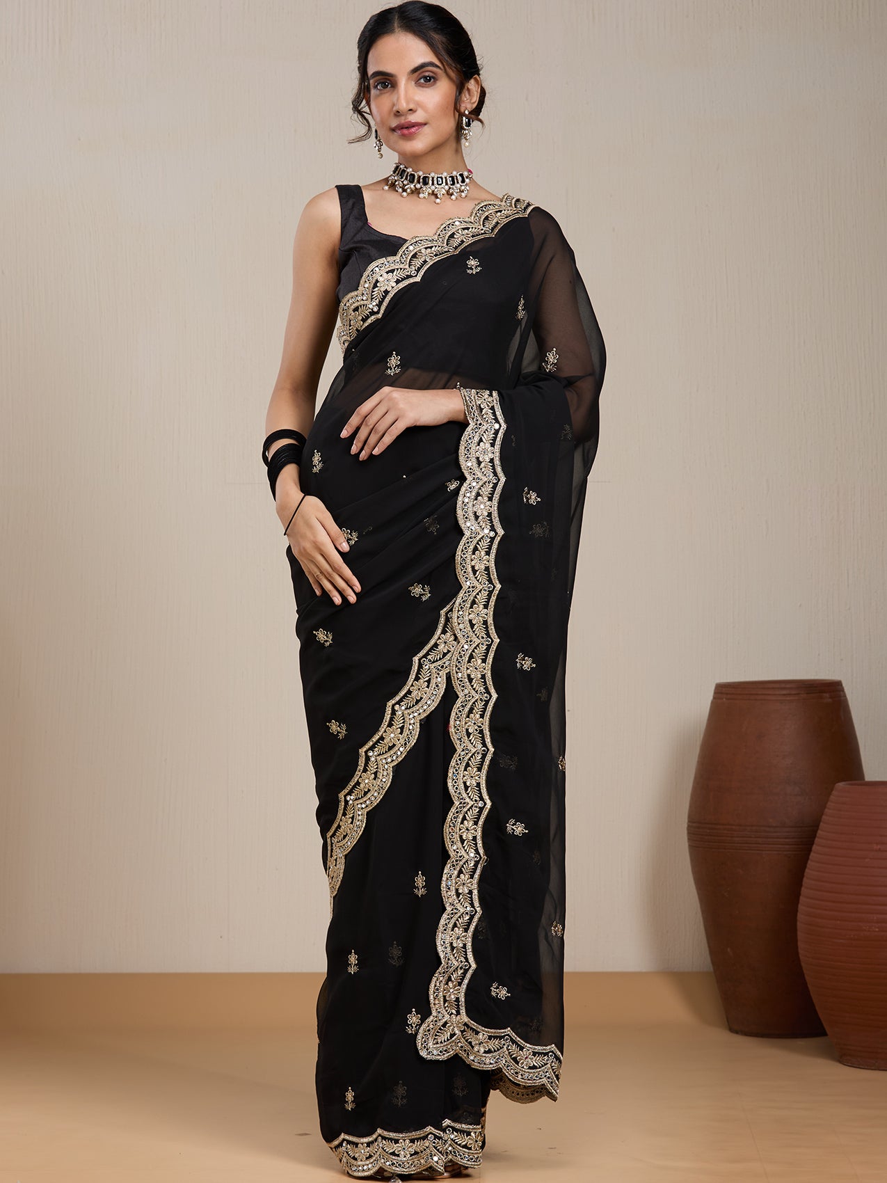 Vervee Couture Black Embellished Poly Georgette Saree with Zari Border | EKA
