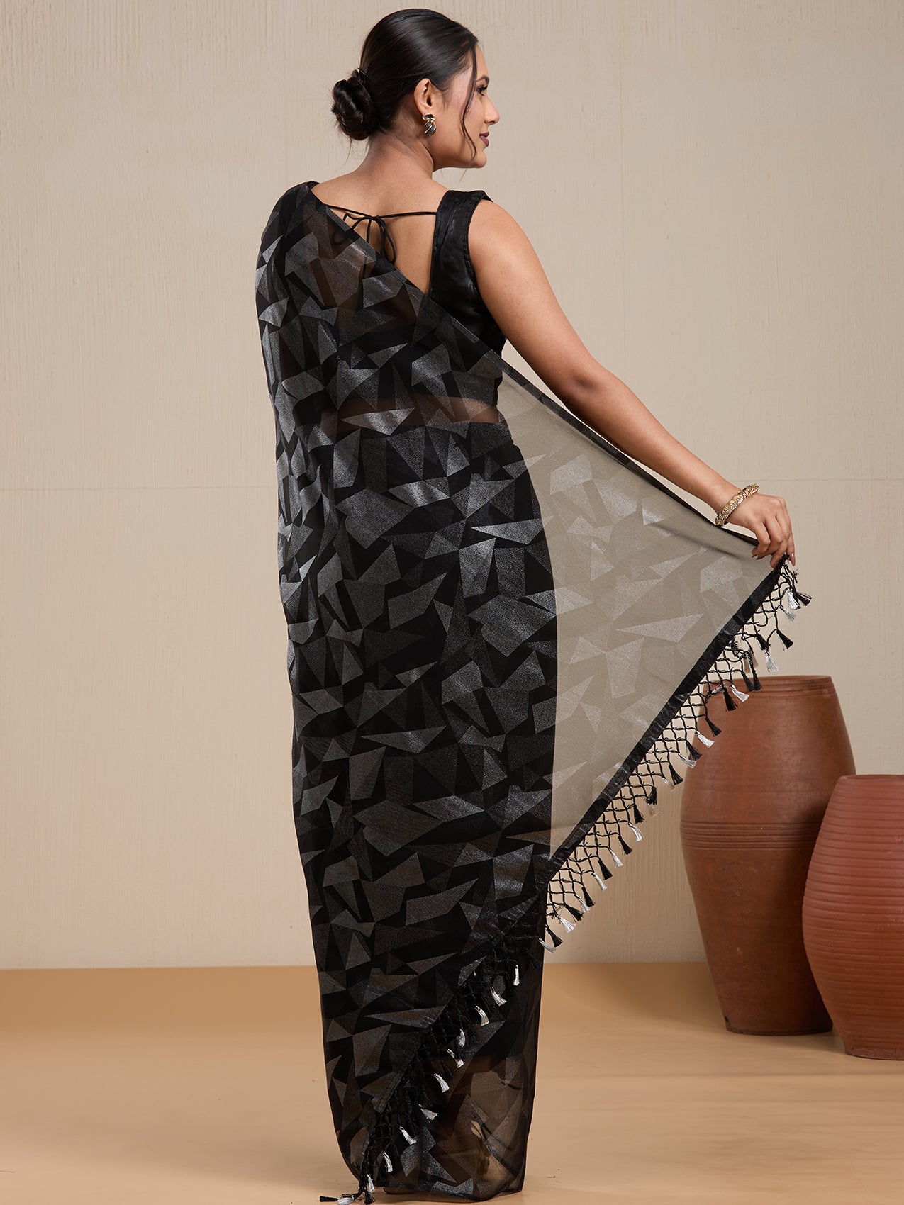 Vervee Couture Black Printed Poly Georgette Saree with Semi Stitched Blouse | EKA
