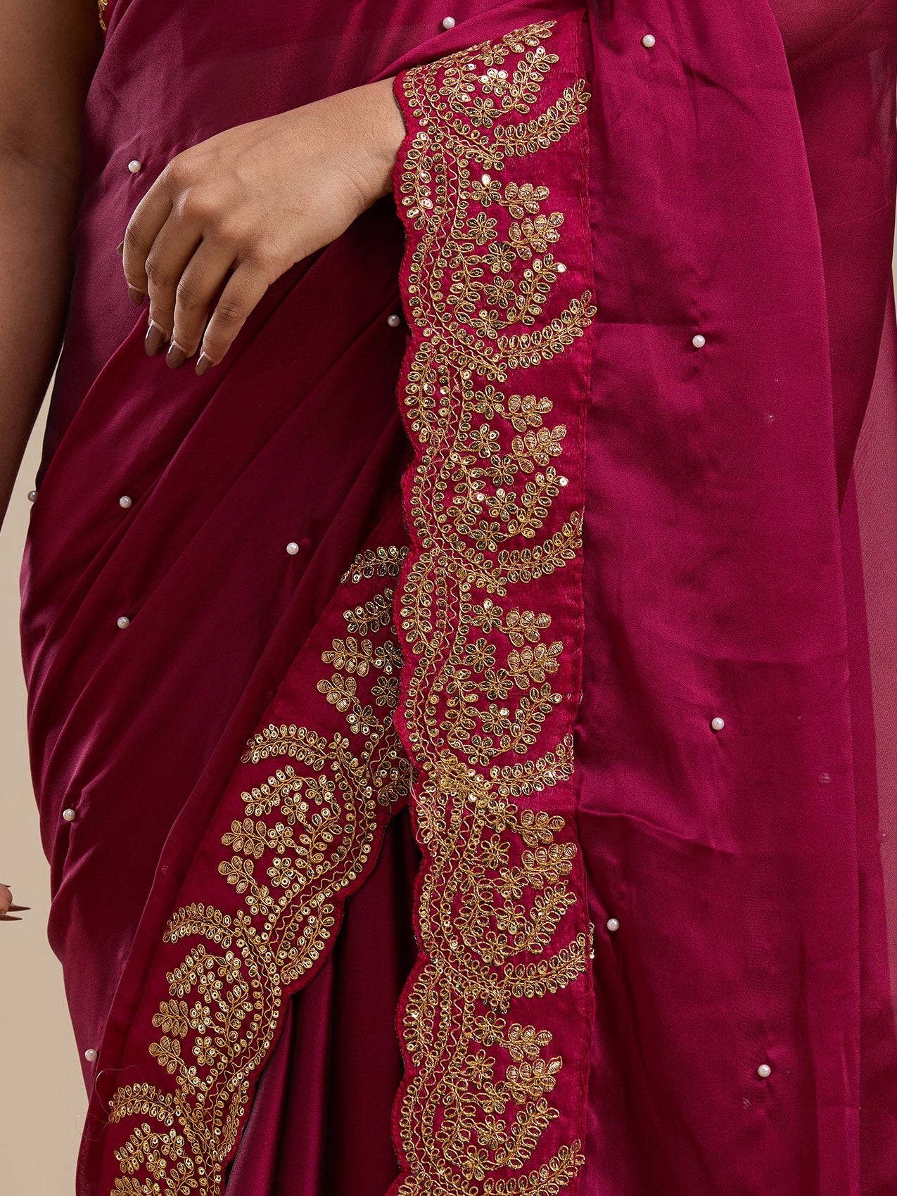 Vervee Couture Maroon Poly Georgette Saree with Heavy Embroidery and Semi Stitched Blouse | EKA