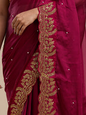 Vervee Couture Maroon Poly Georgette Saree with Heavy Embroidery and Semi Stitched Blouse | EKA