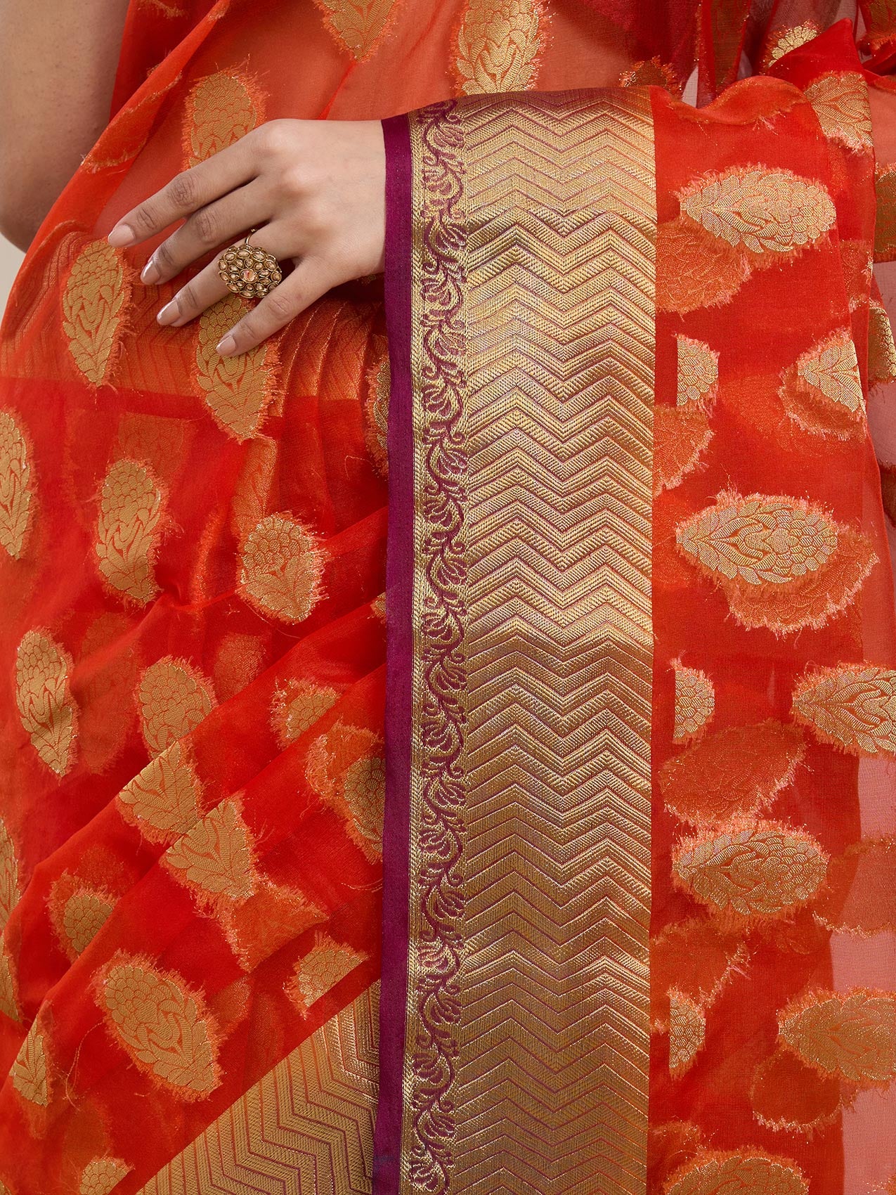 Vervee Couture Red Orange Woven Silk Blend Saree | EKA