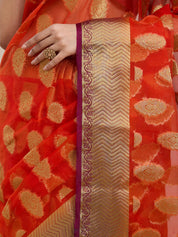 Vervee Couture Red Orange Woven Silk Blend Saree | EKA
