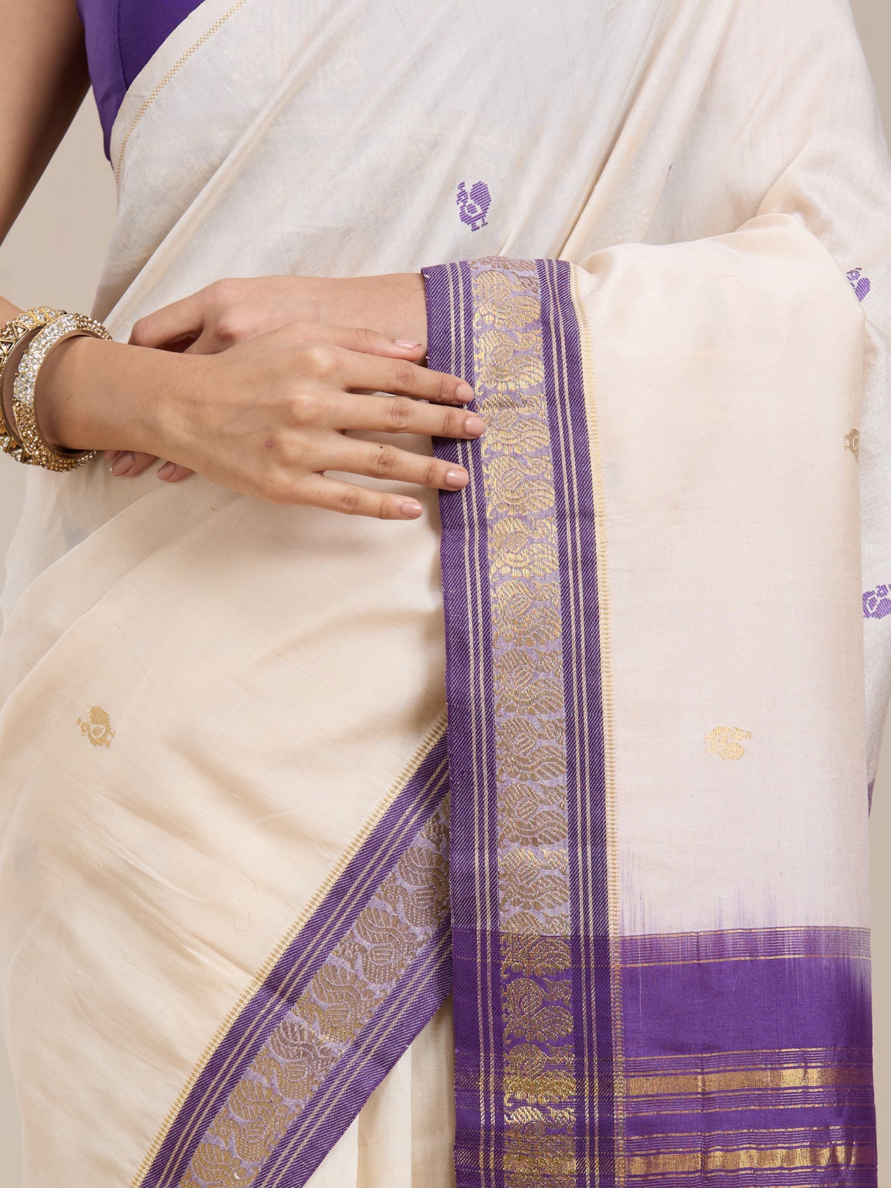 Vervee Couture Off White Purple Woven Silk Blend Saree with Semi Stitched Blouse | EKA
