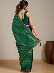 Vervee Couture Emerald Green Gold Striped Silk Blend Saree | EKA