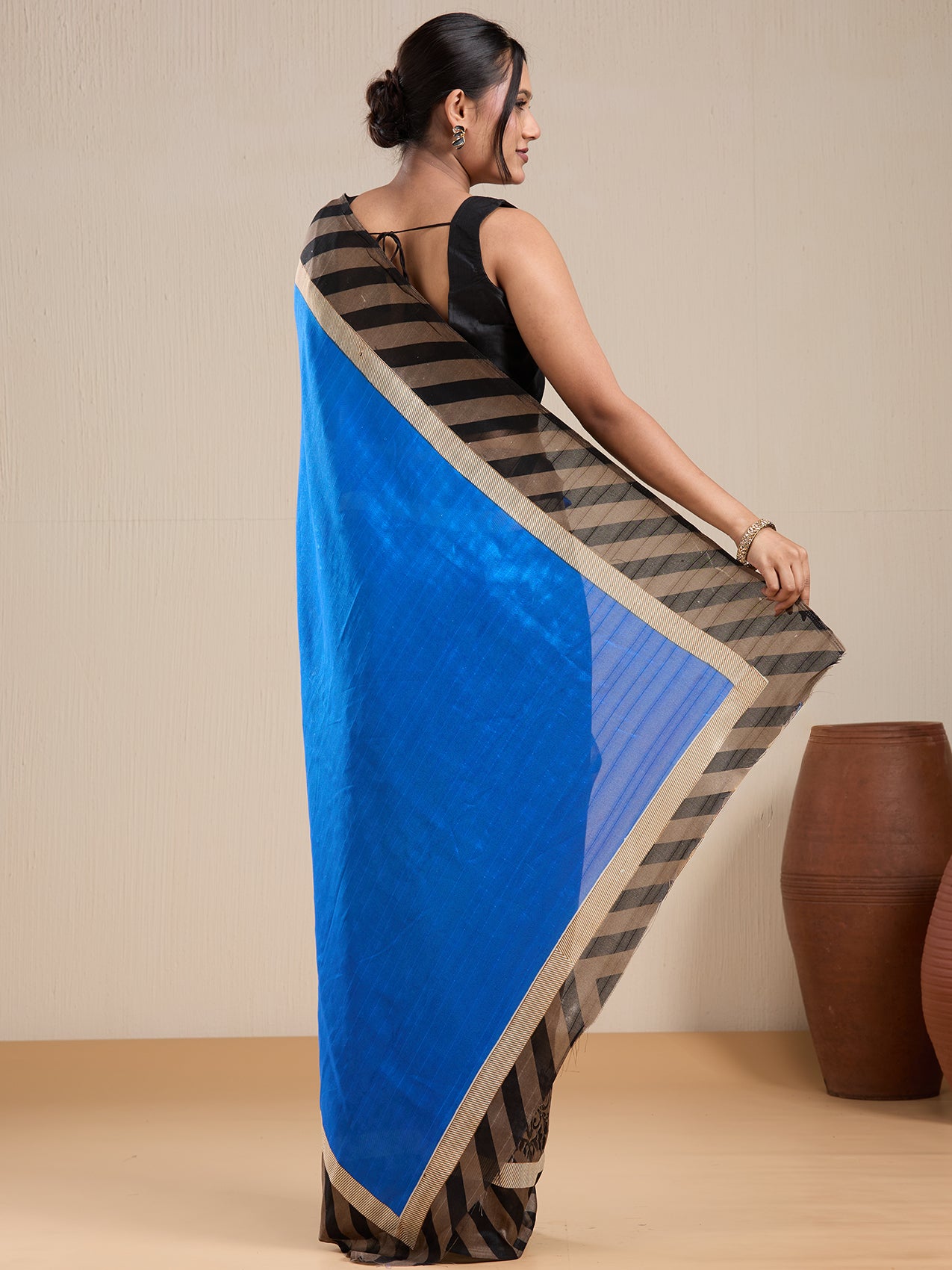 Vervee Couture Blue Striped Silk Blend Saree with Contrast Border and Semi Stitched Blouse | EKA