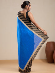 Vervee Couture Blue Striped Silk Blend Saree with Contrast Border and Semi Stitched Blouse | EKA