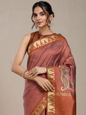 Vervee Couture Copper Gold Printed Silk Blend Saree with Semi Stitched Blouse | EKA