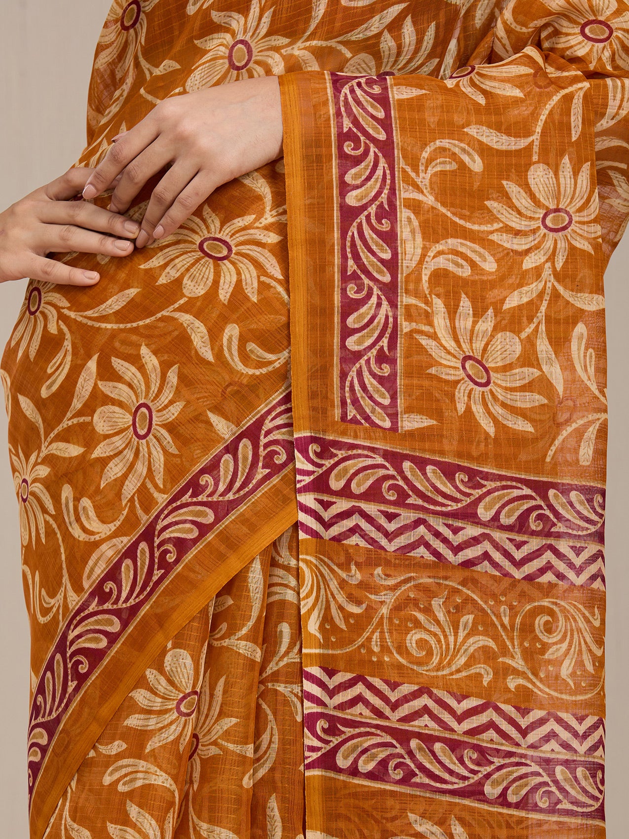 Vervee Couture Mustard Floral Printed Silk Blend Saree with Contrast Border | EKA