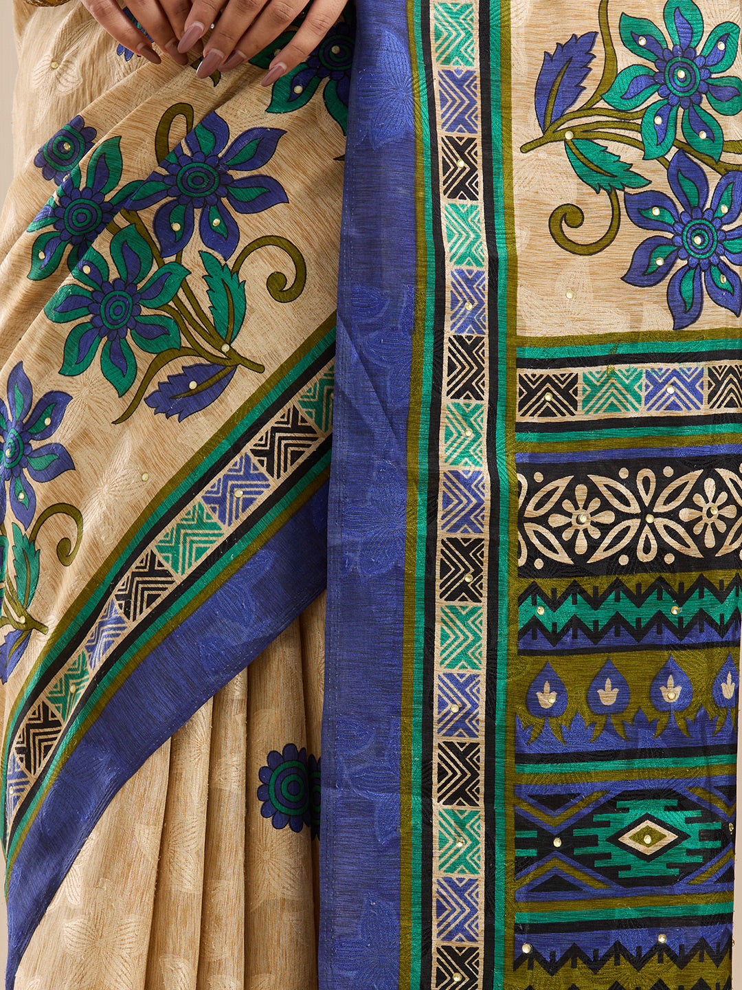 Vervee Couture Beige Silk Blend Saree with Semi Stitched Blouse | EKA