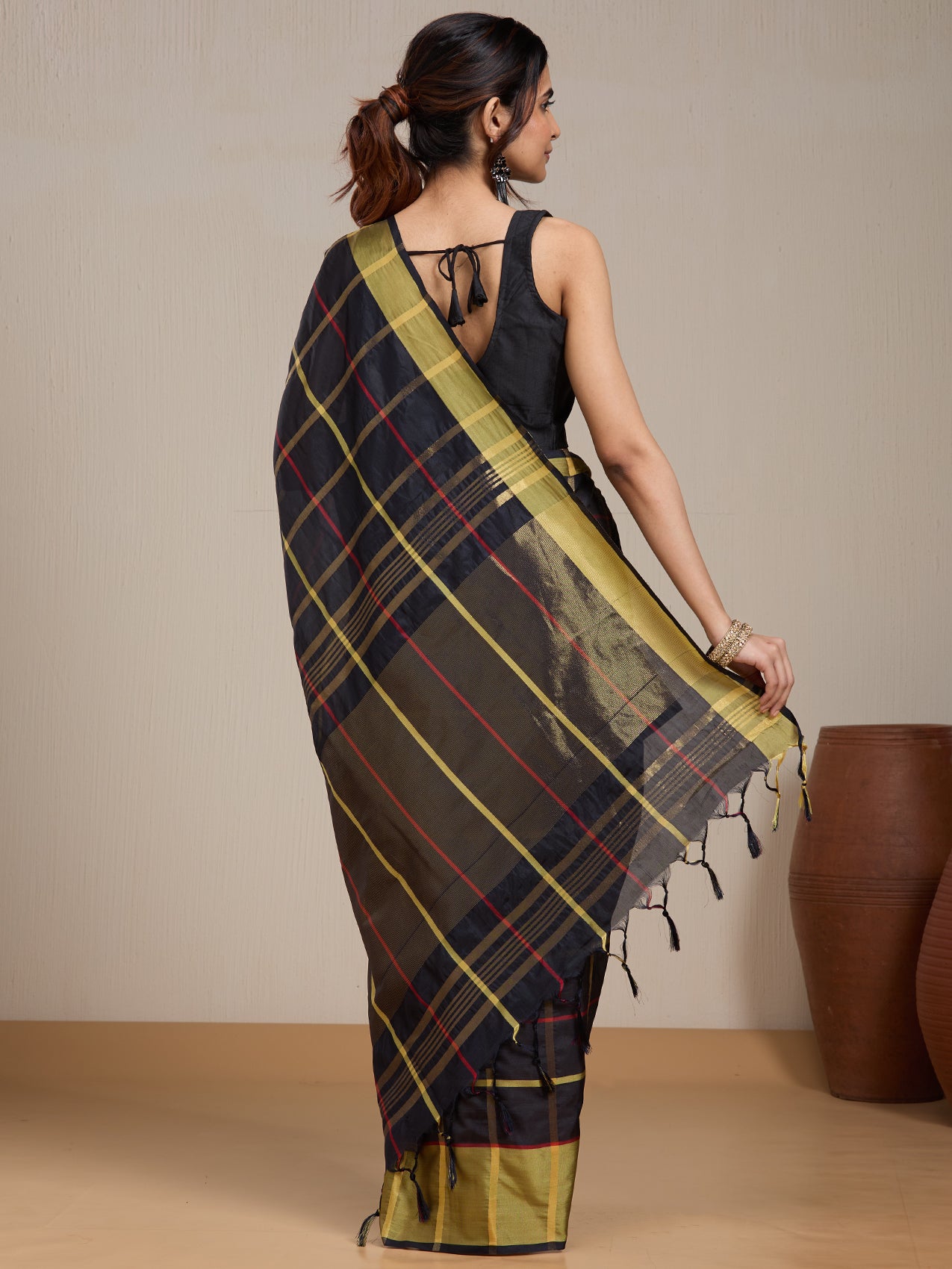 Vervee Couture Black Gold Checked Silk Blend Saree | EKA