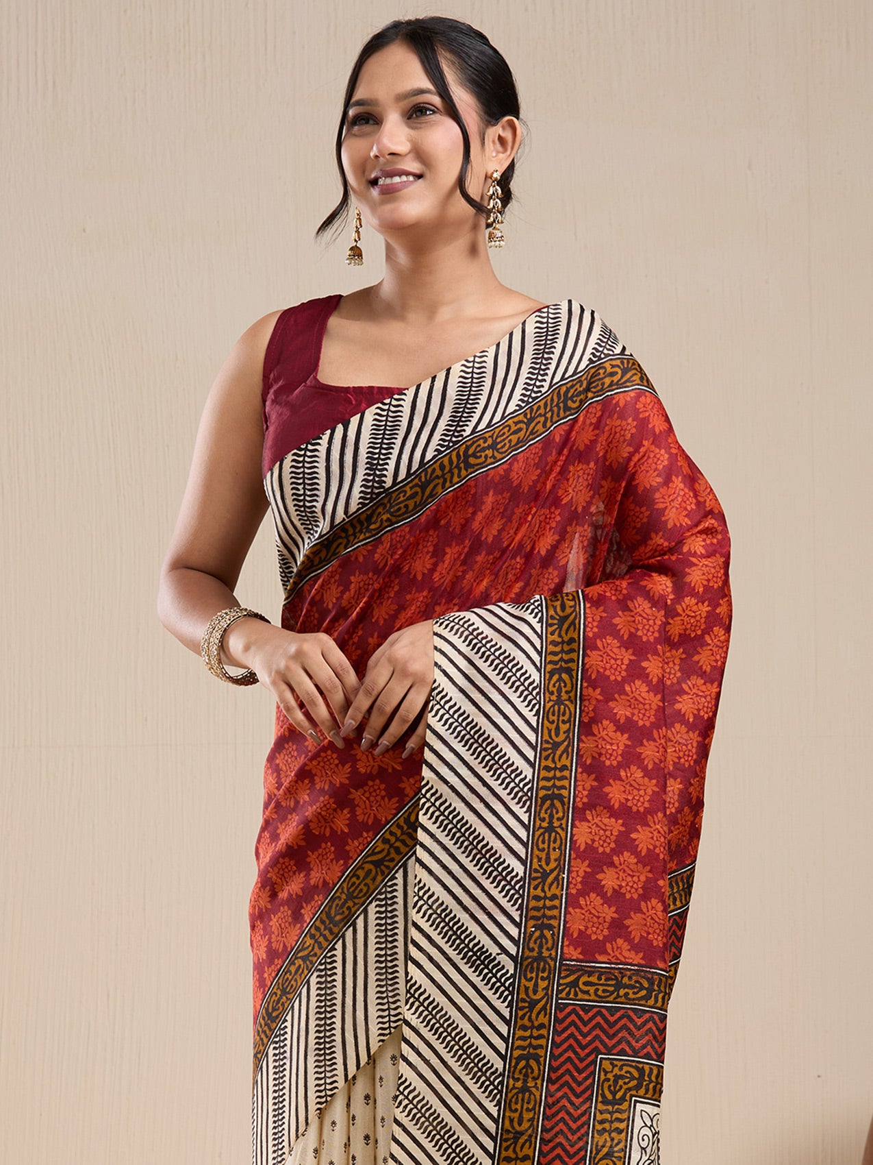 Vervee Couture Maroon Silk Blend Saree with Zari Border and Semi Stitched Blouse | EKA