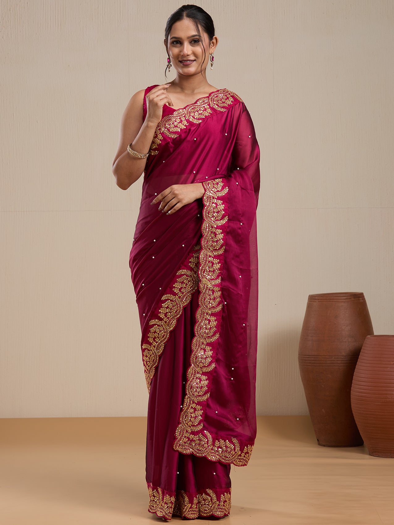 Vervee Couture Maroon Poly Georgette Saree with Heavy Embroidery and Semi Stitched Blouse | EKA