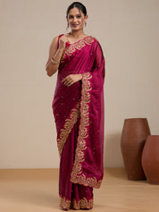 Vervee Couture Maroon Poly Georgette Saree with Heavy Embroidery and Semi Stitched Blouse | EKA