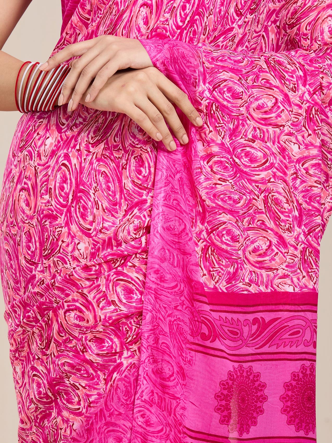 Vervee Couture Pink Floral Printed Poly Georgette Saree | EKA