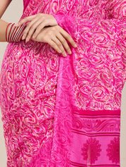 Vervee Couture Pink Floral Printed Poly Georgette Saree | EKA
