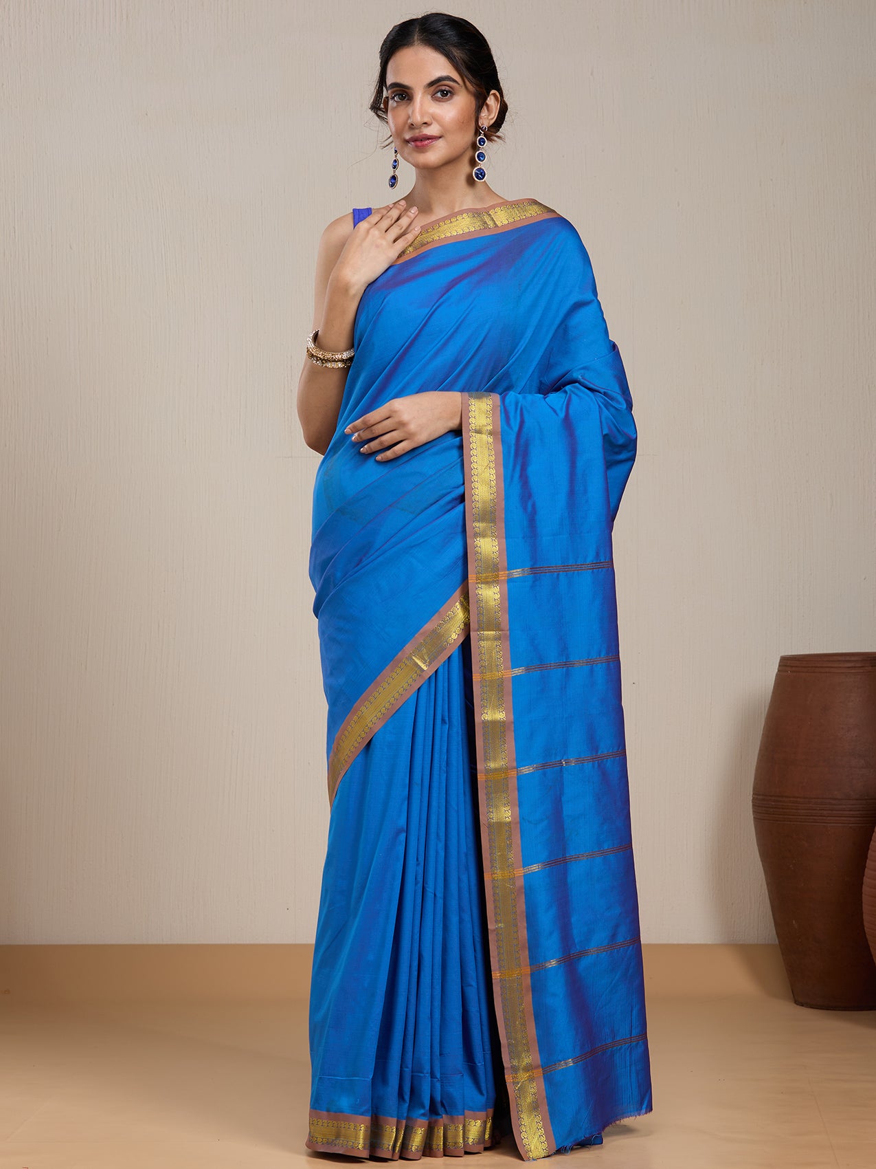 Vervee Couture Blue Silk Blend Saree with Zari Border | EKA