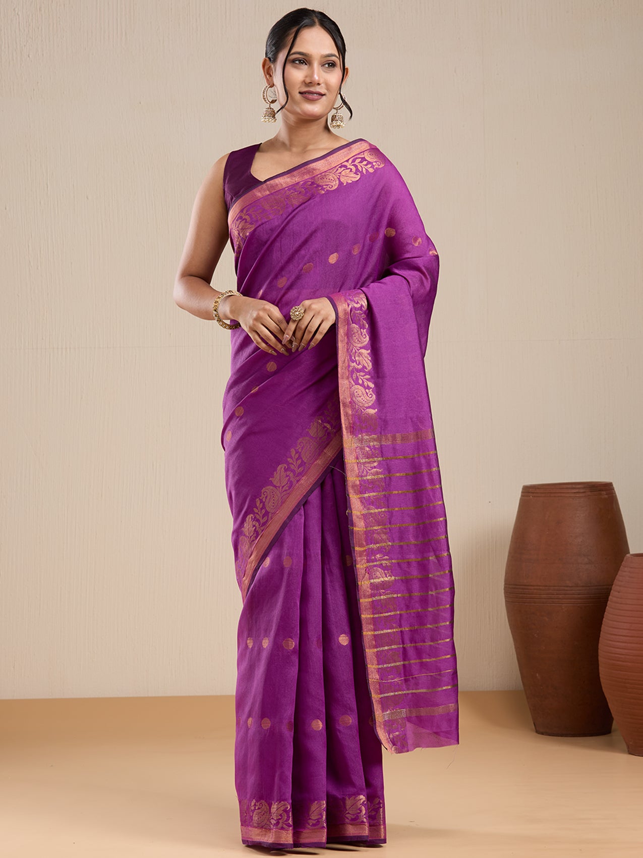 Vervee Couture Purple Silk Blend Saree with Zari Border and Semi Stitched Blouse | EKA