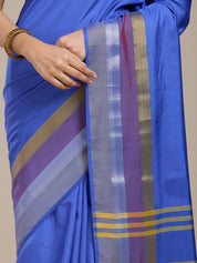 Vervee Couture Blue Silk Blend Saree with Striped Border | EKA