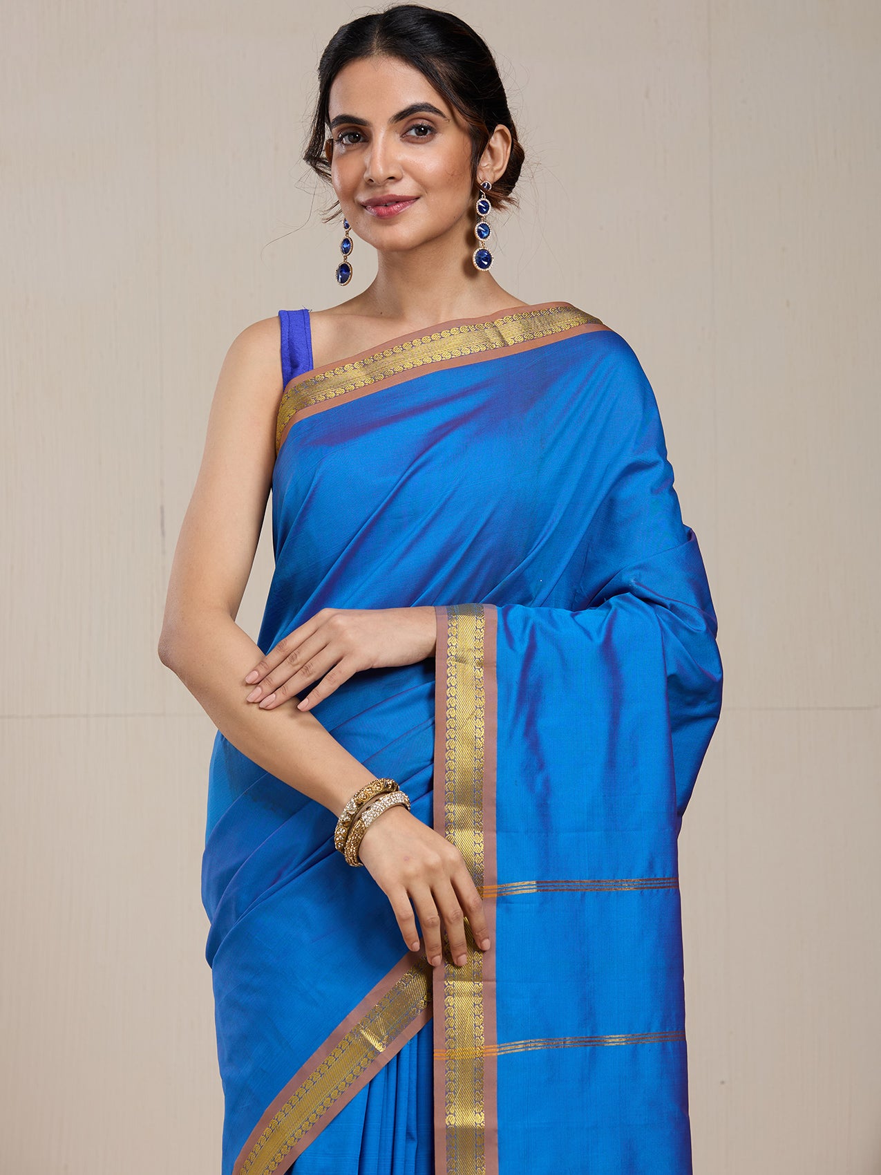 Vervee Couture Blue Silk Blend Saree with Zari Border | EKA