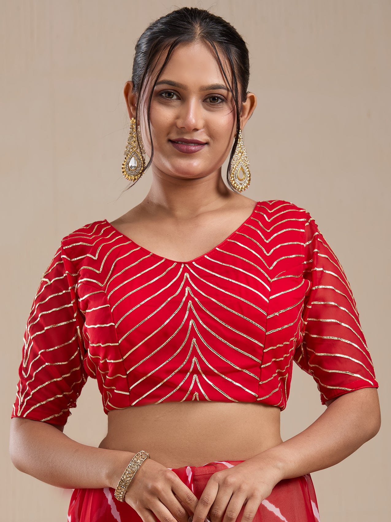 Vervee Couture Red Tie Dye Poly Georgette Saree with Embellished Border | EKA