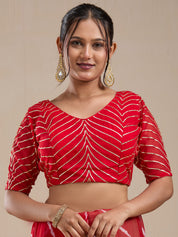 Vervee Couture Red Tie Dye Poly Georgette Saree with Embellished Border | EKA