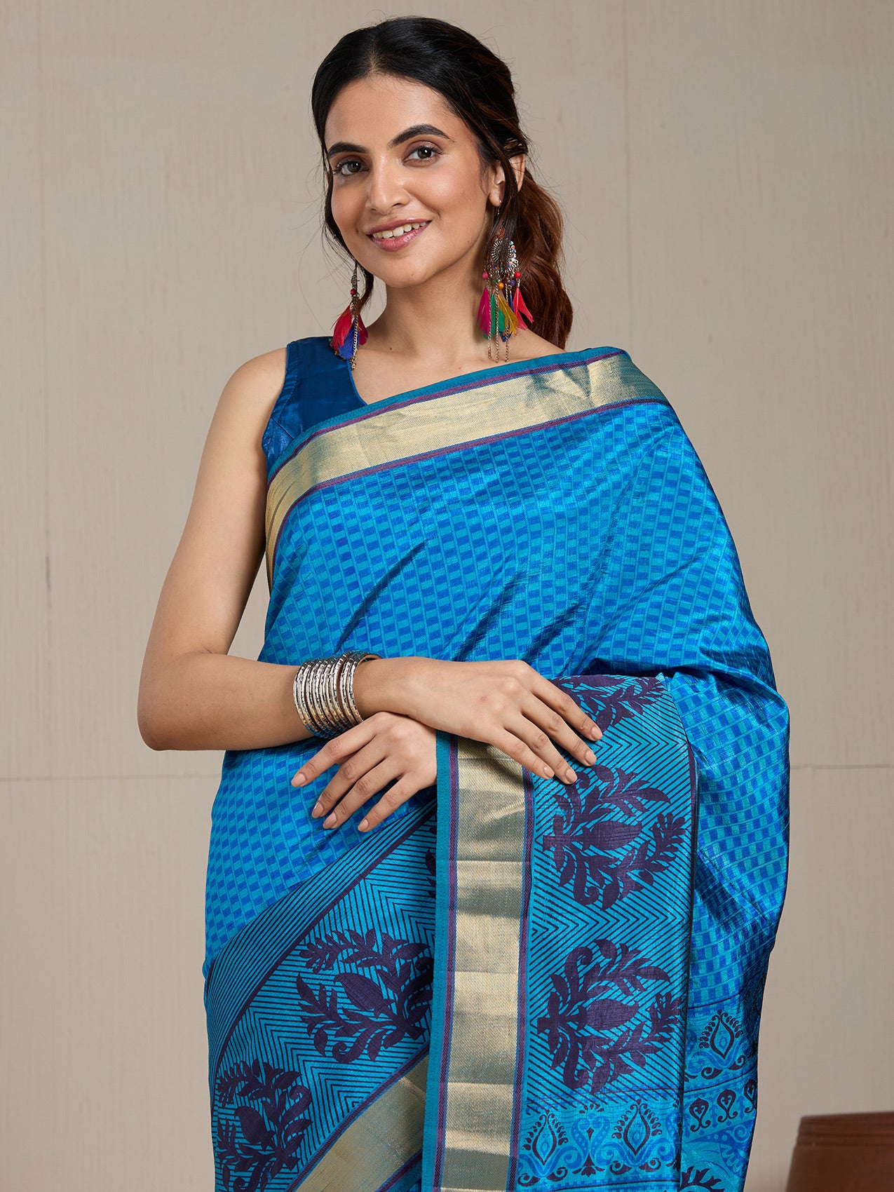 Vervee Couture Blue Gold Woven Silk Blend Saree | EKA