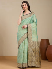 Vervee Couture Green Silk Blend Saree with Zari Border | EKA