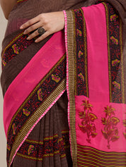 Vervee Couture Brown Pink Printed Poly Georgette Saree with Zari Border | EKA