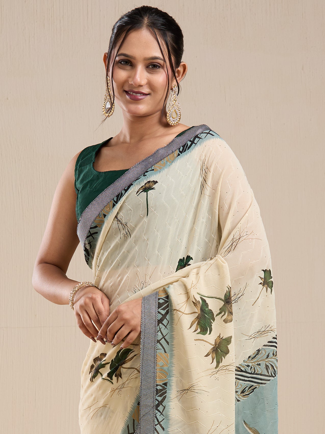 Vervee Couture Off White Floral Poly Georgette Saree with Contrast Pallu | EKA
