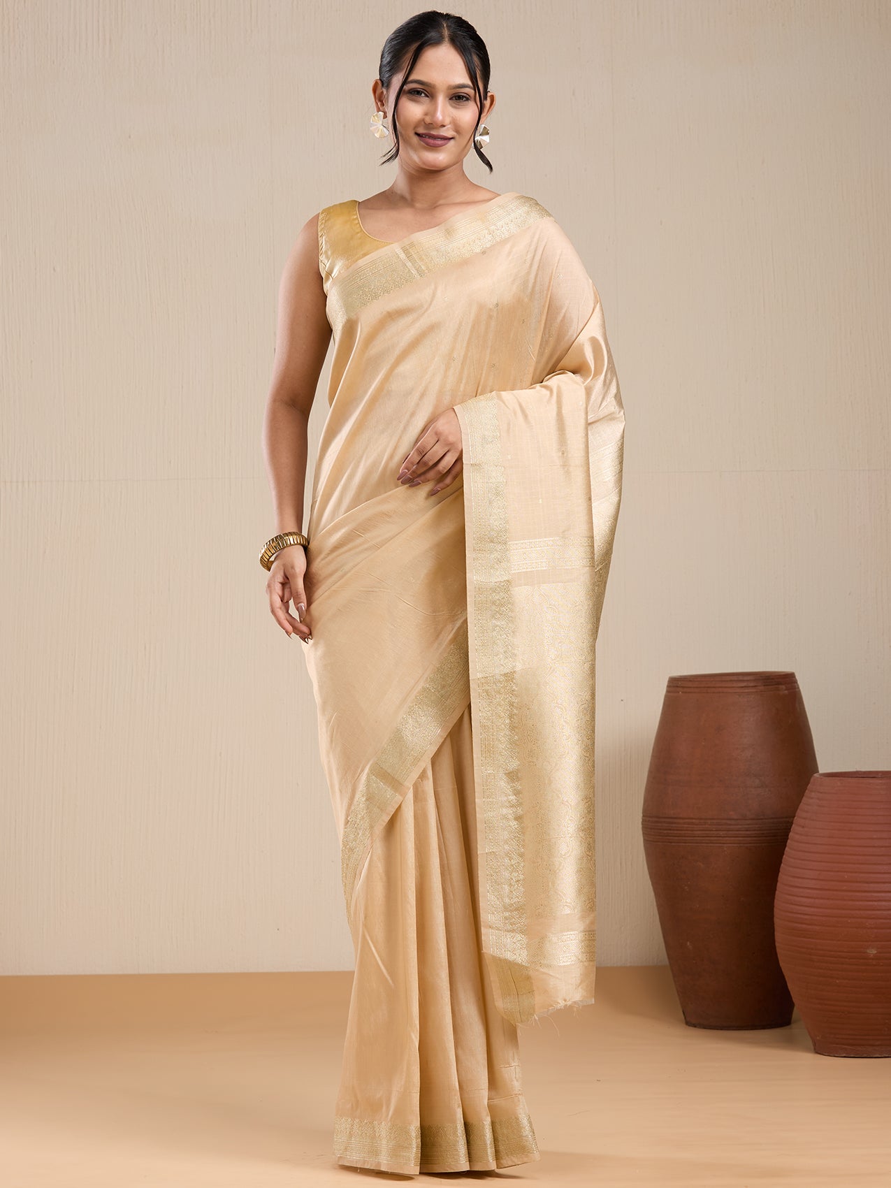 Vervee Couture Gold Silk Blend Saree with Zari Border and Semi Stitched Blouse | EKA