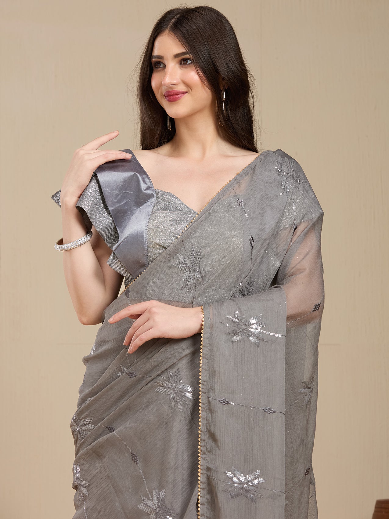 Vervee Couture Red Poly Georgette Saree with Zari Motifs Border | EKA