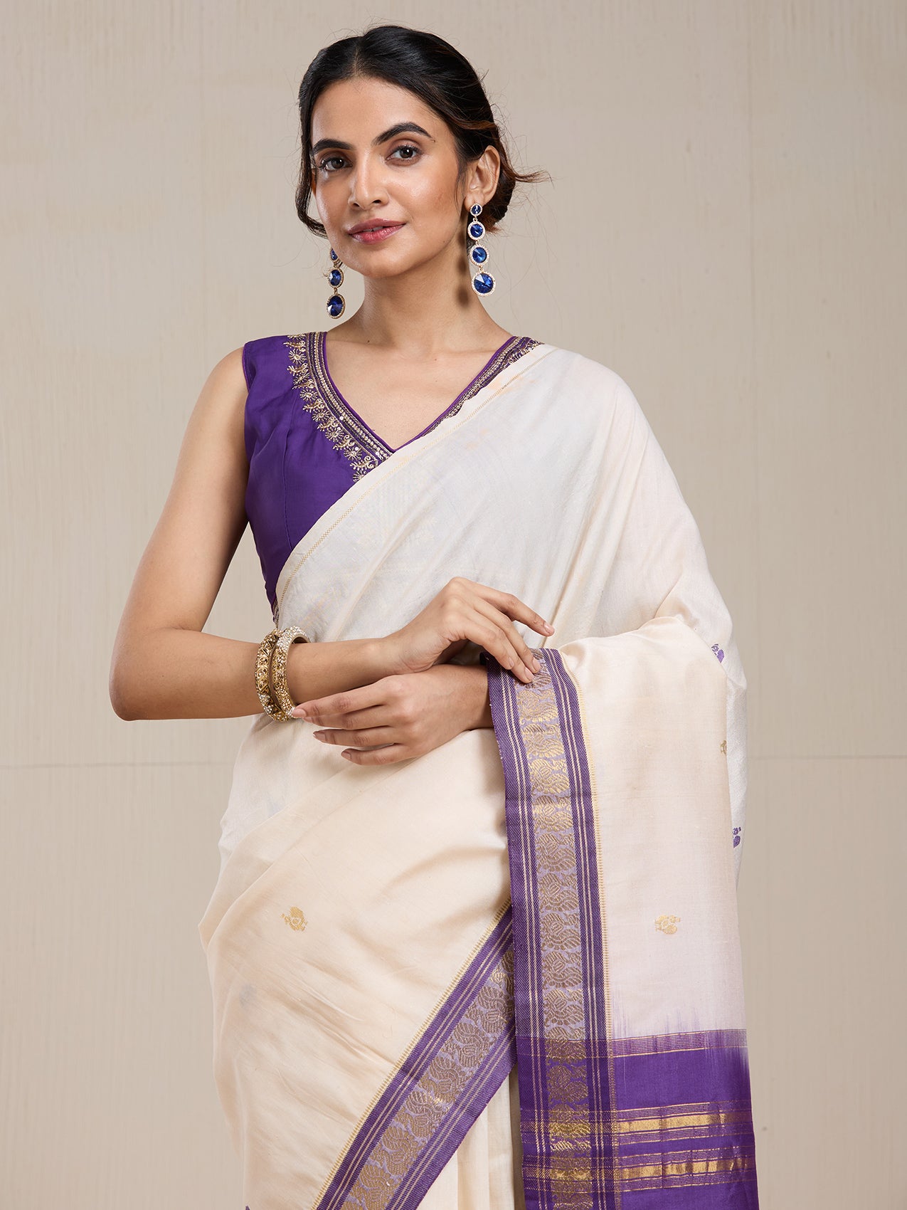 Vervee Couture Off White Purple Woven Silk Blend Saree with Semi Stitched Blouse | EKA