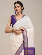 Vervee Couture Off White Purple Woven Silk Blend Saree with Semi Stitched Blouse | EKA
